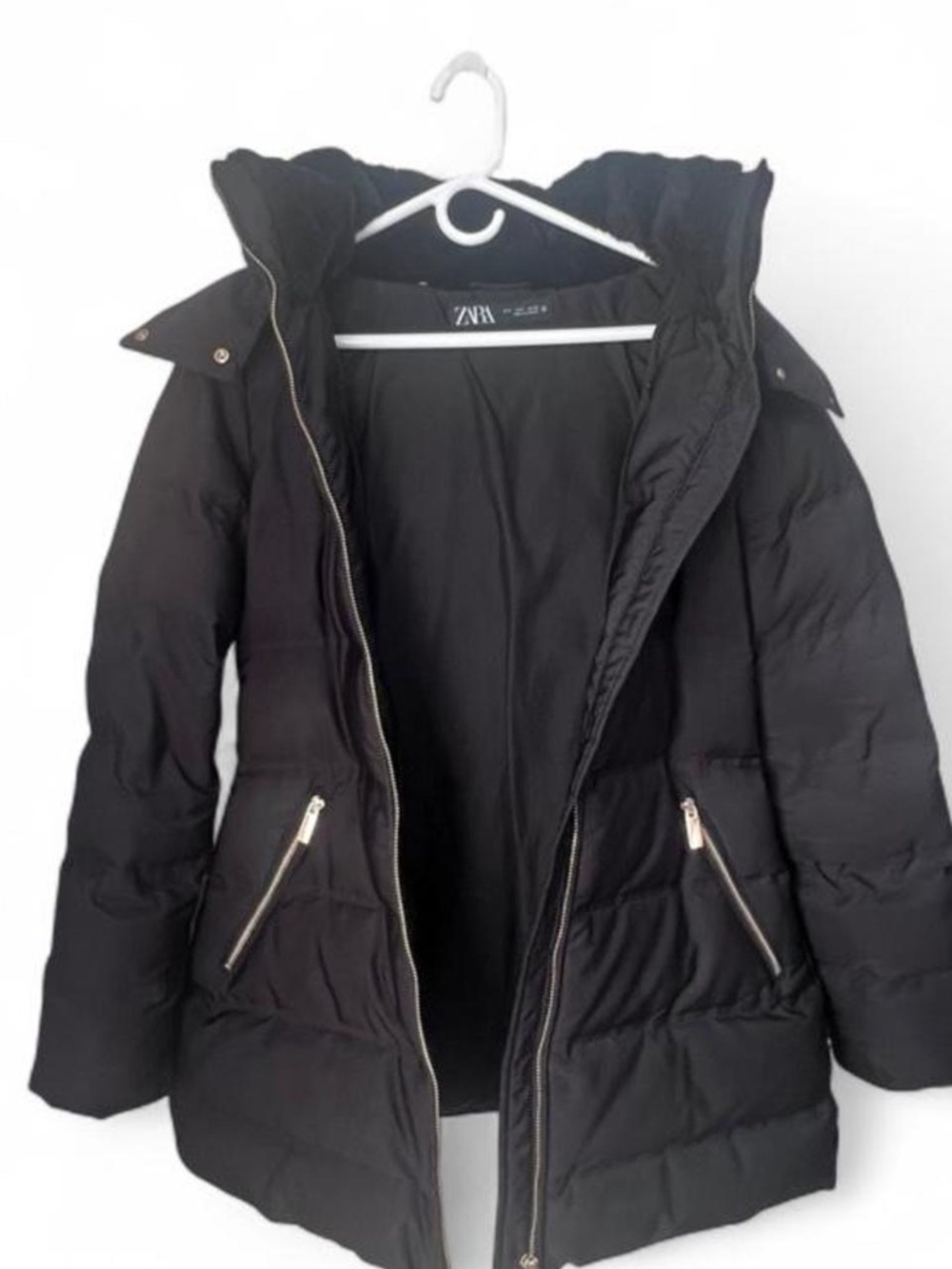 ZARA Black Down Puffer Coat Size Small Removable Faux Fur & Hood Winter - Picture 2 of 7